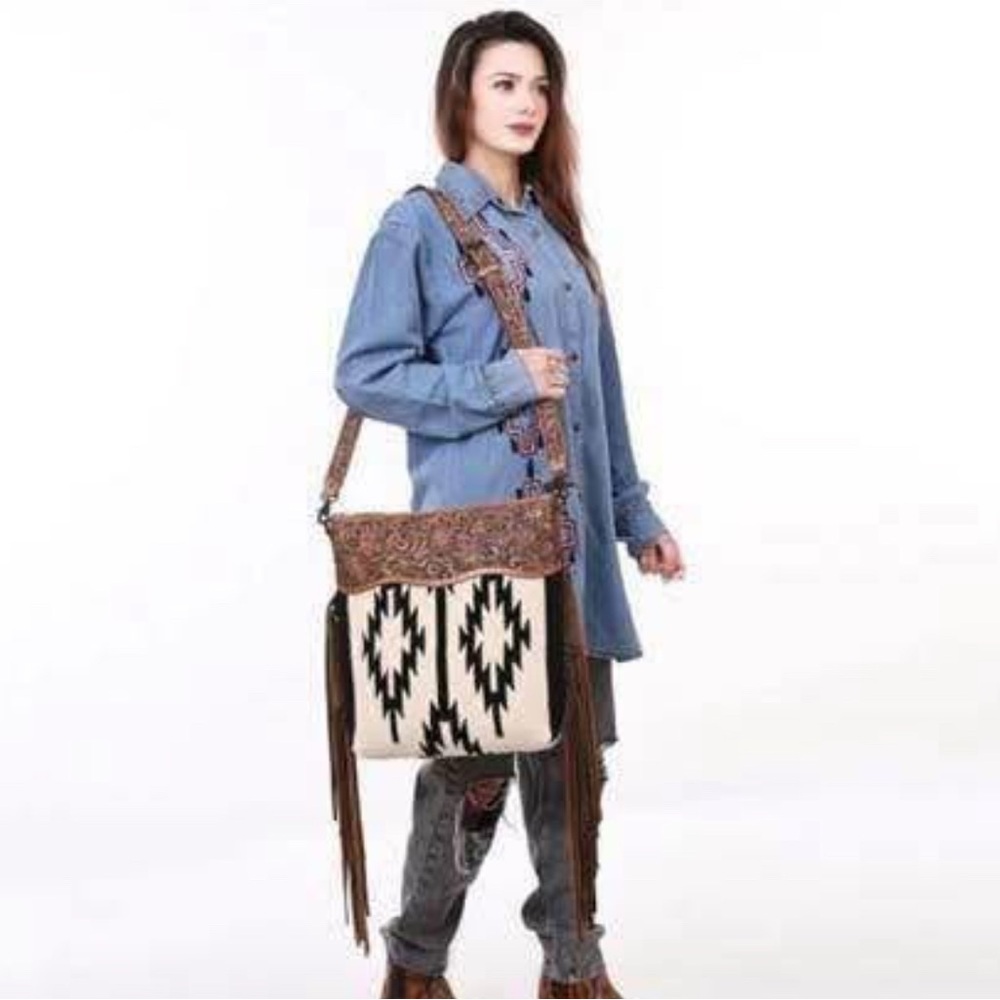 American Darling Black and Cream Crossbody Bag with Geometric Patterns